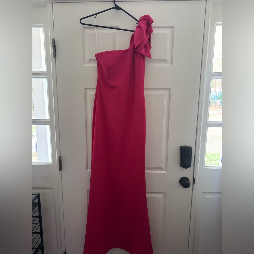 Minuet Petite One-Shoulder Fuchsia Evening Gown with Ruffled Shoulder
